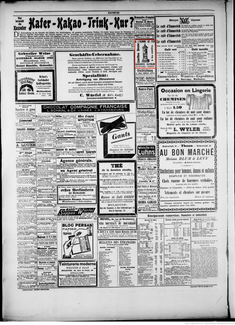 Journal L'Express de Mulhouse du 20 novembre 1902 (p.4) : calorifères Riessner à feu continu.
